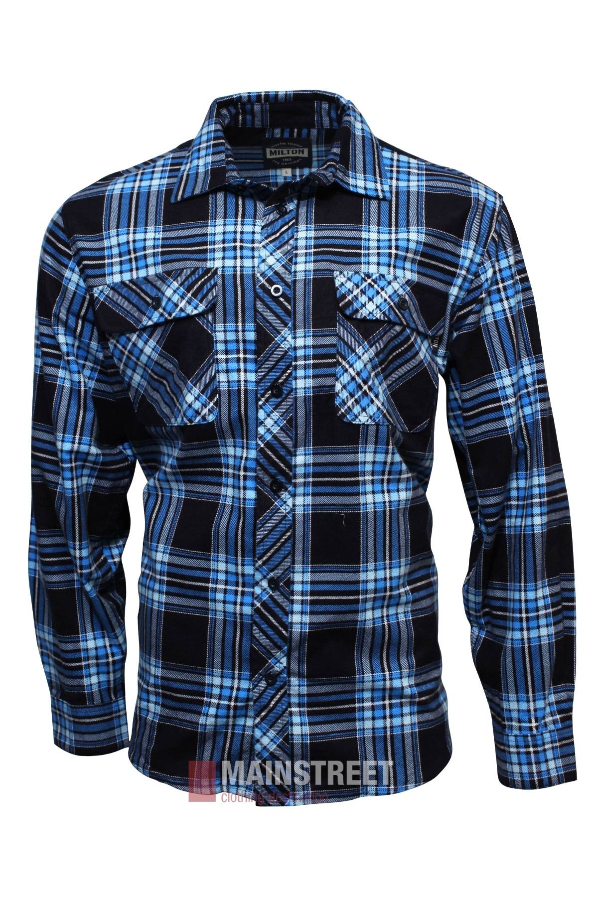 The Milton Open Front Flannelette Shirt features a blue, black, and white plaid pattern, is made from high-quality cotton, has long sleeves, and includes two chest pockets with button flaps.