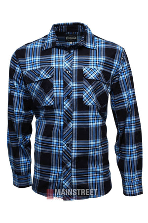 The Milton Open Front Flannelette Shirt features a blue, black, and white plaid pattern, is made from high-quality cotton, has long sleeves, and includes two chest pockets with button flaps.