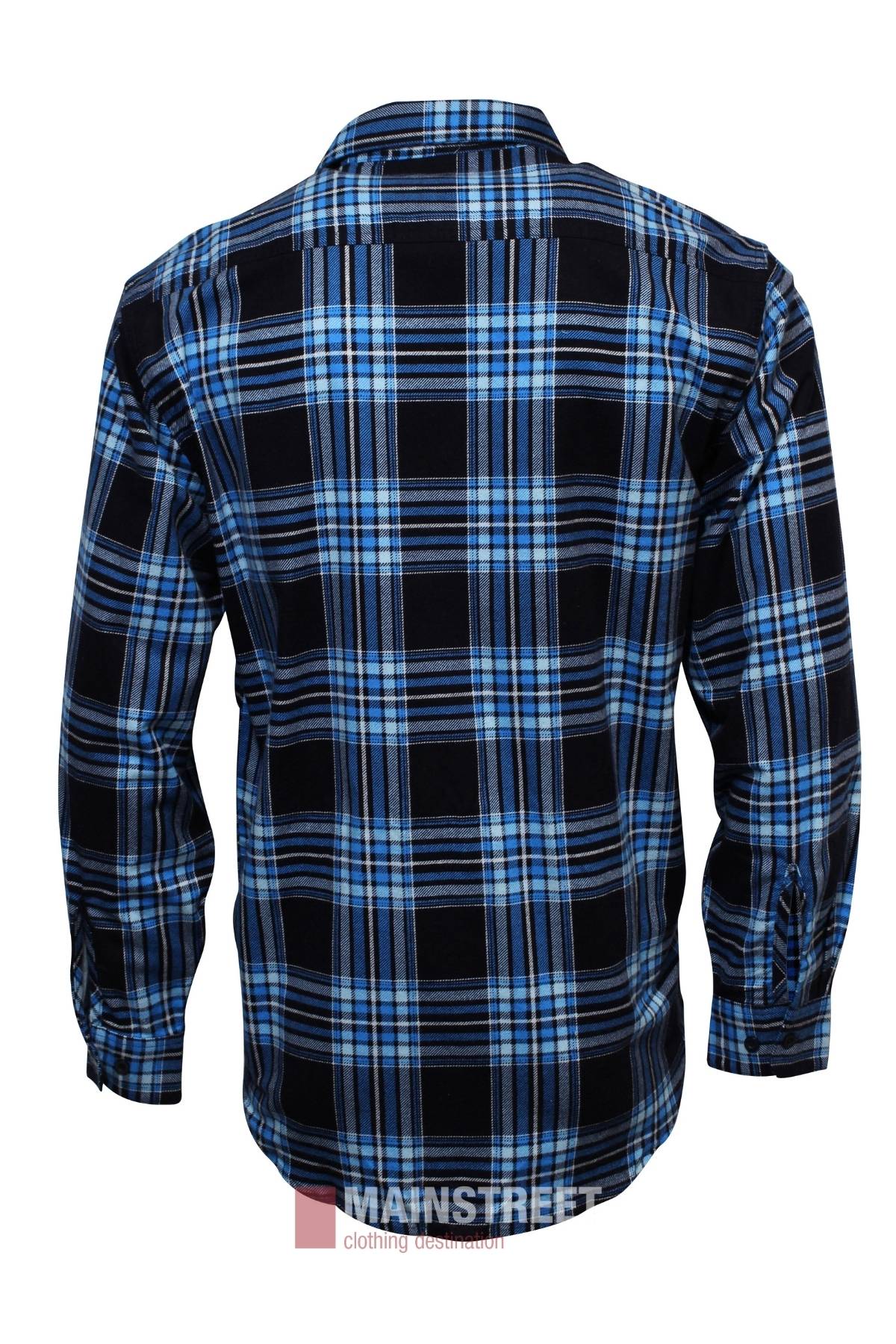 The Milton Open Front Flannelette Shirt, shown from the back in blue and black plaid, is crafted from high-quality cotton and displayed on a white background.