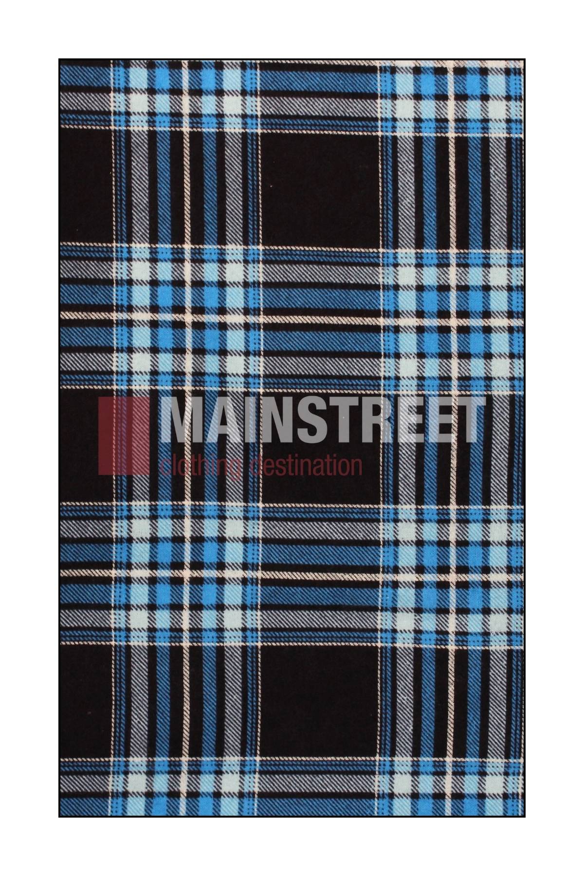 A blue, black, and white plaid pattern inspired by the Milton Closed Front Flannelette Shirt, featuring bold, semi-transparent "MAINSTREET" and "your destination" text across the center—evoking a classic double-pocket design.