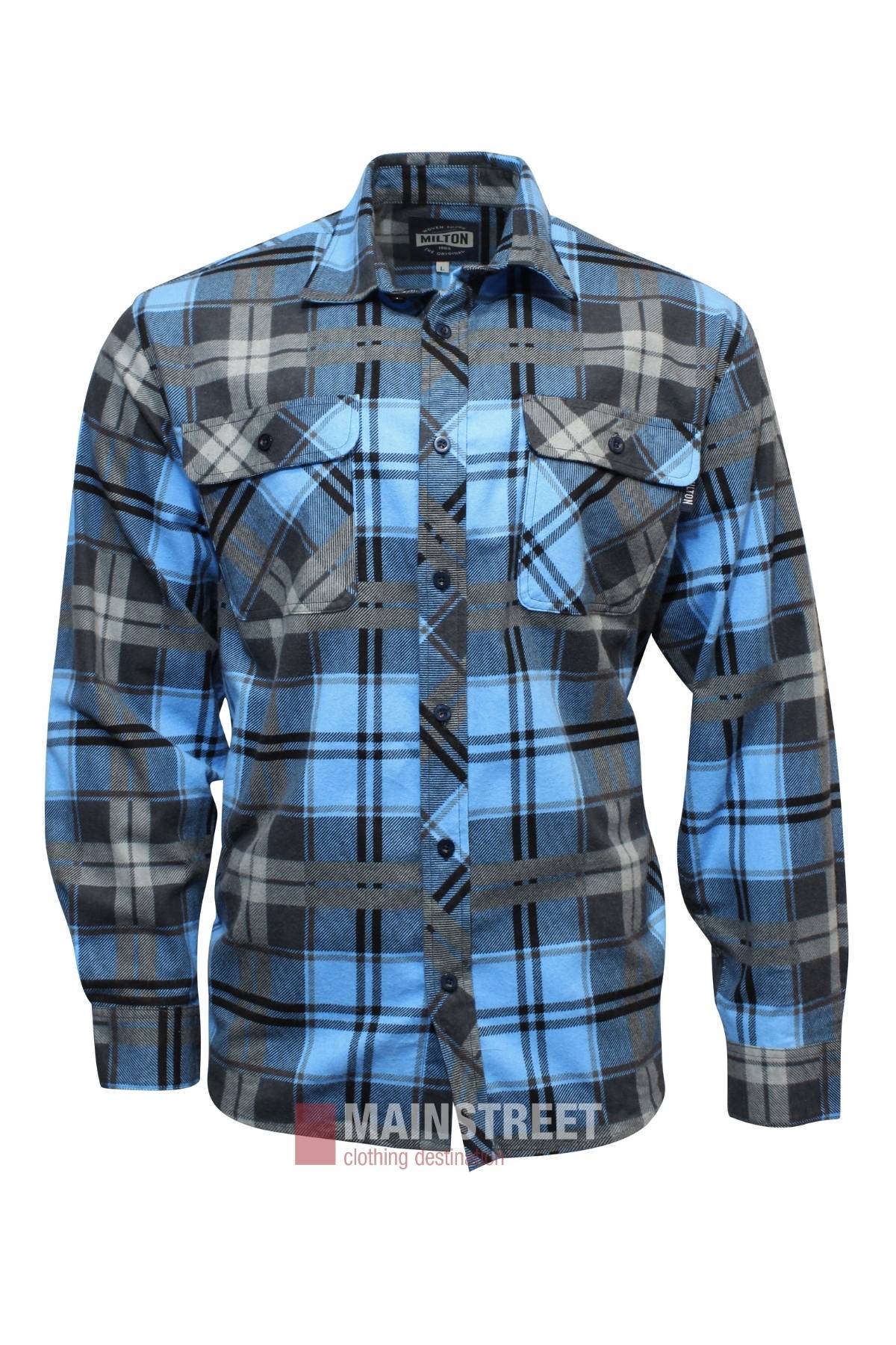 The Milton Open Front Flannelette Shirt is a long-sleeved, high-quality cotton shirt with blue, black, and gray plaid and double chest pockets, shown on a plain white background.