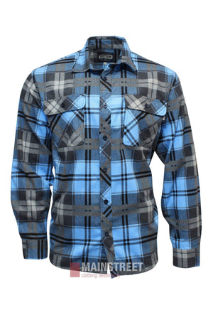 The Milton Open Front Flannelette Shirt is a long-sleeved, high-quality cotton shirt with blue, black, and gray plaid and double chest pockets, shown on a plain white background.