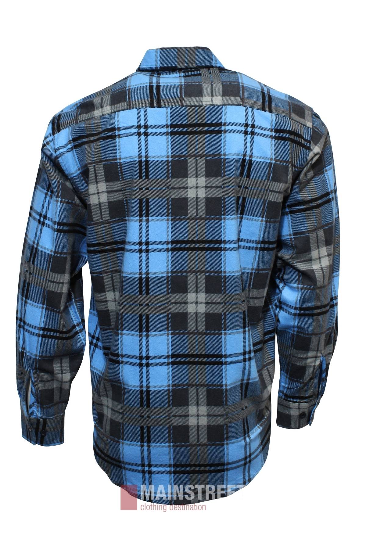 The Milton Open Front Flannelette Shirt is made from high quality cotton with a blue, black, and gray plaid pattern. It features a collar, buttoned cuffs, and is shown from the back.
