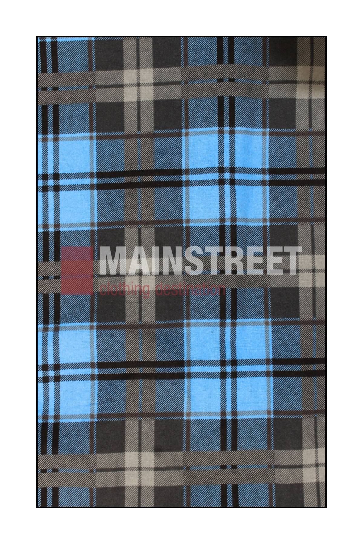 The Milton Open Front Flannelette Shirt features a plaid pattern in black, blue, light gray, and white stripes on premium cotton. "MAINSTREET clothing design" is printed semi-transparently over the fabric.