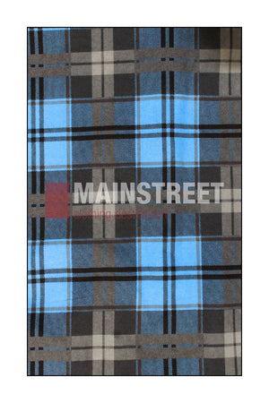 The Milton Open Front Flannelette Shirt features a plaid pattern in black, blue, light gray, and white stripes on premium cotton. "MAINSTREET clothing design" is printed semi-transparently over the fabric.