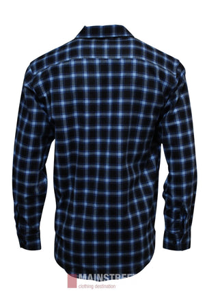 The Milton Open Front Flannelette Shirt shown from the back features blue and black plaid, a collar, cuffed long sleeves, button-up front, and is crafted from high quality cotton.