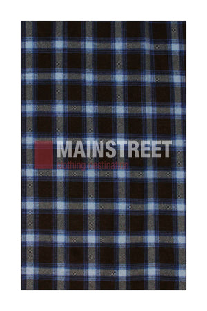 The Milton Closed Front Flannelette Shirt features a high-quality cotton fabric with dark blue and black plaid, accented by thin white lines forming squares.