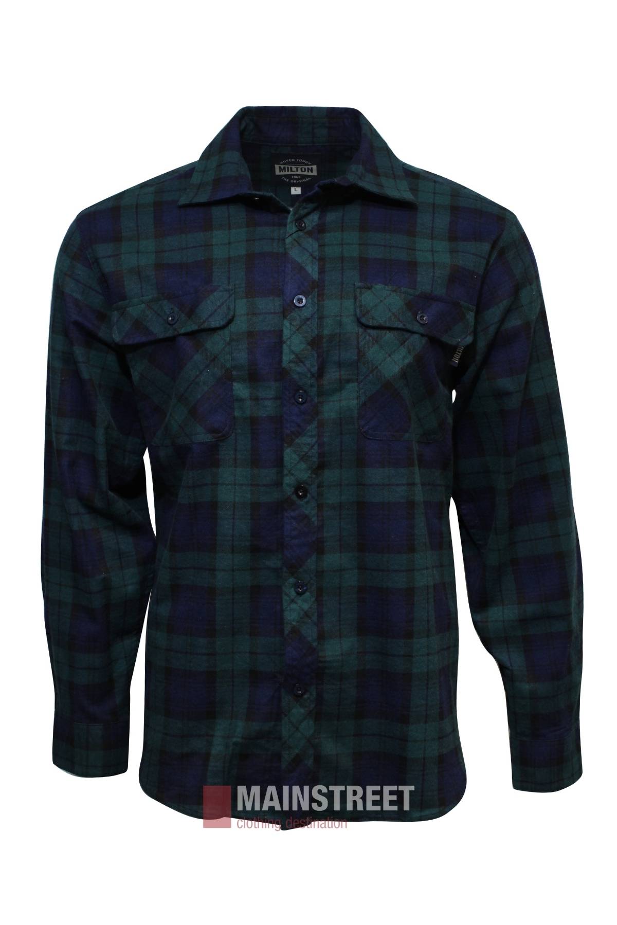 The Milton Open Front Flannelette Shirt features green and navy plaid, long sleeves, chest double pockets, a collar, "MAINSTREET" label, and is crafted from high-quality cotton for comfort and durability.