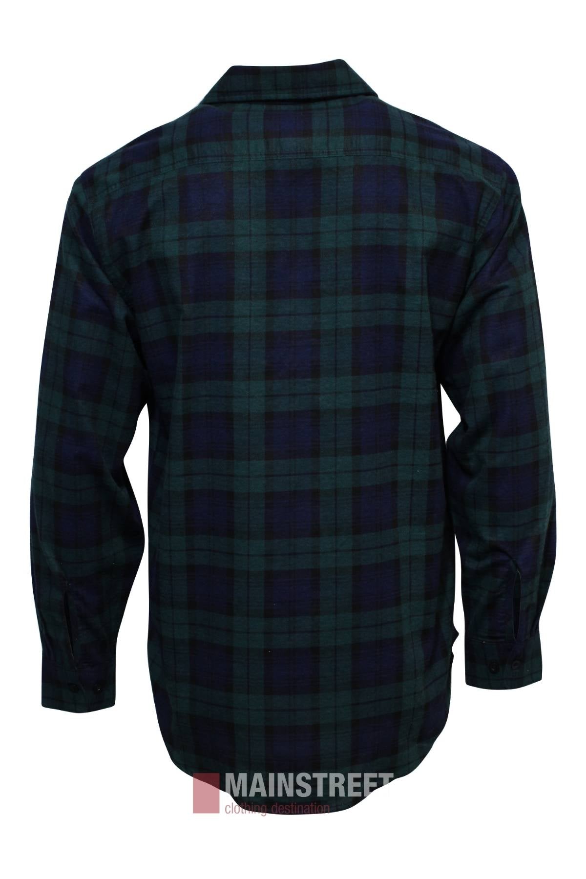 The Milton Open Front Flannelette Shirt features a dark green and navy blue plaid, long sleeves, buttoned cuffs, collar, and high-quality cotton construction, shown from the back.