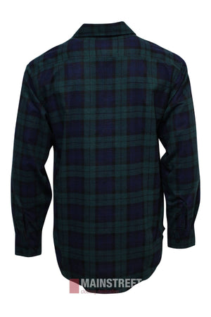 The Milton Open Front Flannelette Shirt features a dark green and navy blue plaid, long sleeves, buttoned cuffs, collar, and high-quality cotton construction, shown from the back.