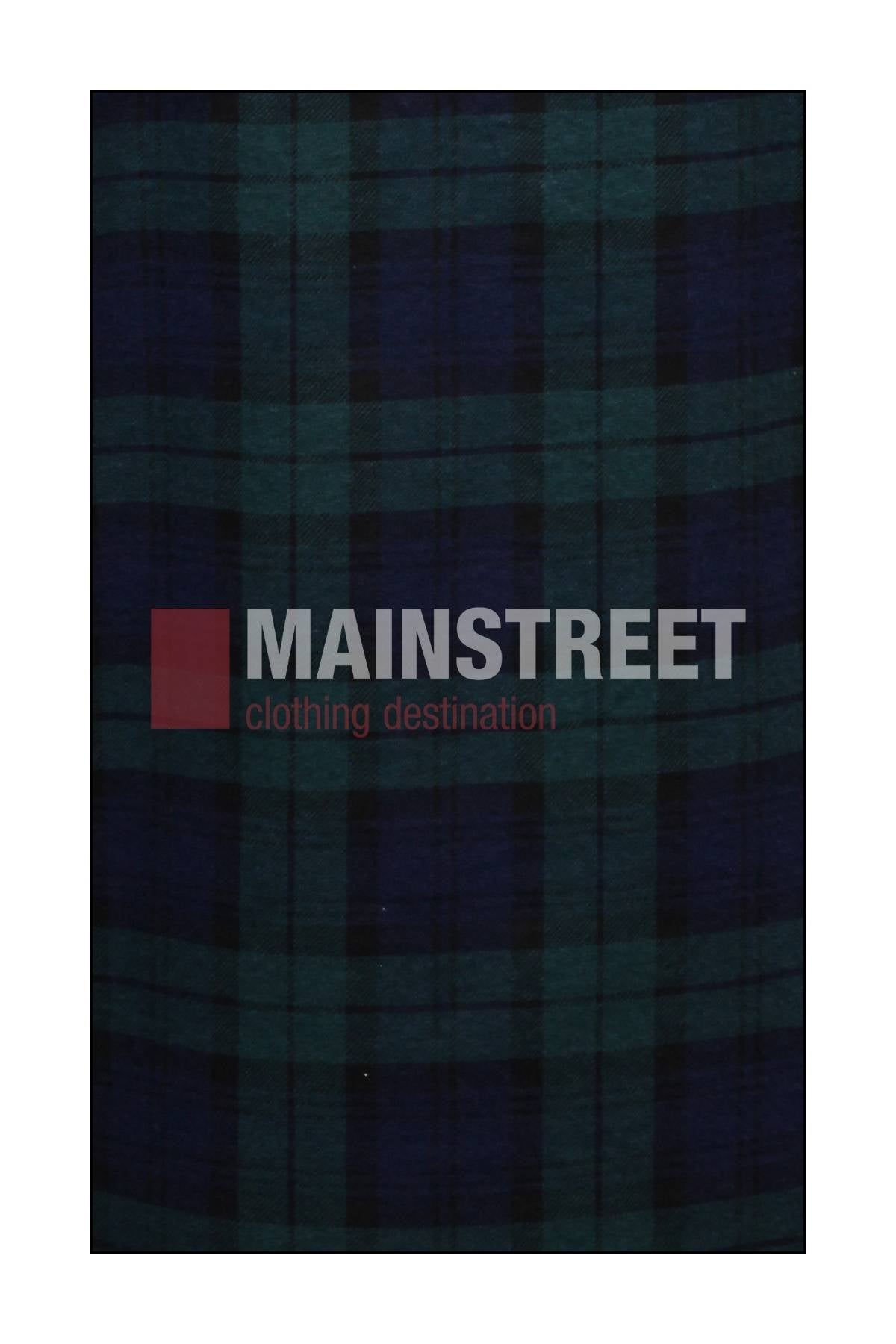 Dark green and navy blue plaid background with "MAINSTREET clothing destination" in bold white and red text, reminiscent of the Milton Open Front Flannelette Shirt made from high quality cotton with double pockets.