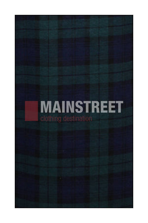 Dark green and navy blue plaid background with "MAINSTREET clothing destination" in bold white and red text, reminiscent of the Milton Open Front Flannelette Shirt made from high quality cotton with double pockets.