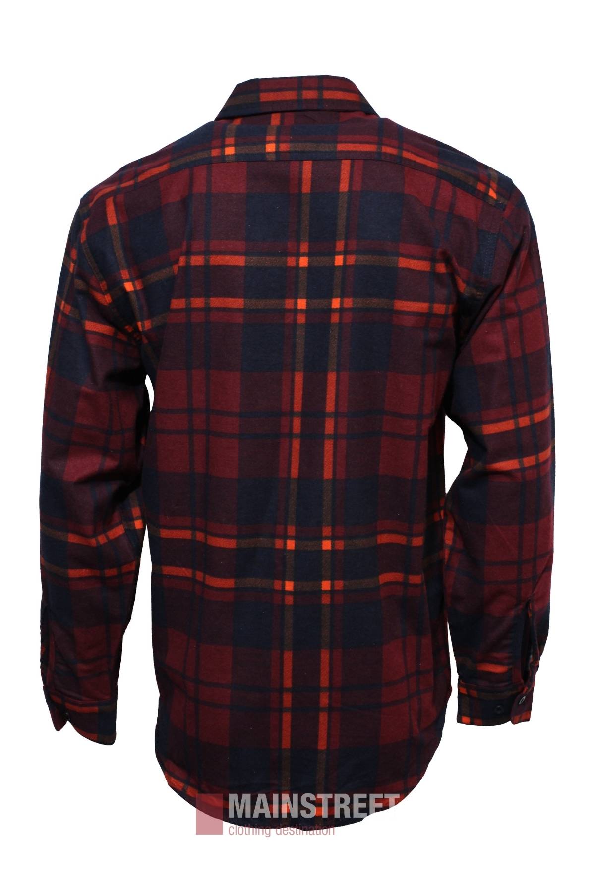 Back view of the Milton Open Front Flannelette Shirt, made from quality cotton in a red, navy blue, and orange plaid. Features a collar, buttoned cuffs, and the MAINSTREET Clothing Destination logo at the hem.