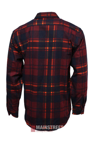Back view of the Milton Open Front Flannelette Shirt, made from quality cotton in a red, navy blue, and orange plaid. Features a collar, buttoned cuffs, and the MAINSTREET Clothing Destination logo at the hem.