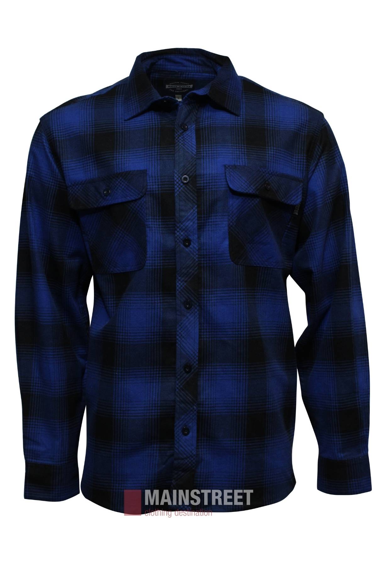 The Milton Open Front Flannelette Shirt is a high-quality, long-sleeve cotton shirt with blue and black plaid, chest double pockets, button-up front, and shown on a plain white background.