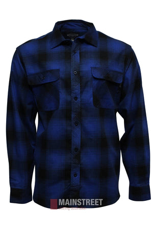 The Milton Open Front Flannelette Shirt is a high-quality, long-sleeve cotton shirt with blue and black plaid, chest double pockets, button-up front, and shown on a plain white background.