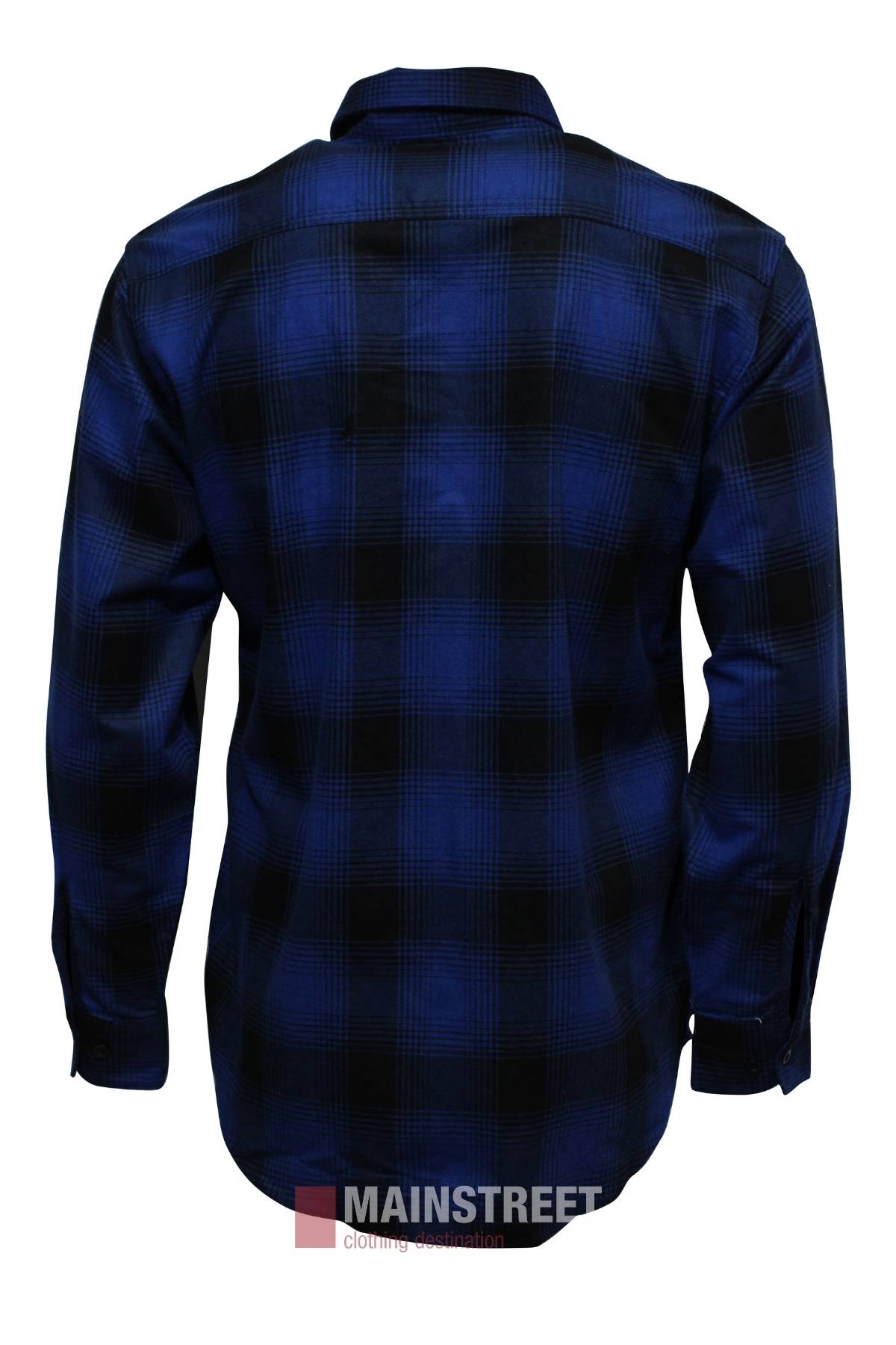 A back view of the Milton Open Front Flannelette Shirt in blue and black plaid, featuring double pockets, a "MAINSTREET Clothing" logo at the hem, and crafted from high-quality cotton for comfort and durability.