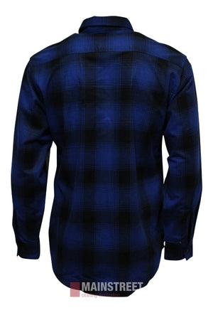 A back view of the Milton Open Front Flannelette Shirt in blue and black plaid, featuring double pockets, a "MAINSTREET Clothing" logo at the hem, and crafted from high-quality cotton for comfort and durability.