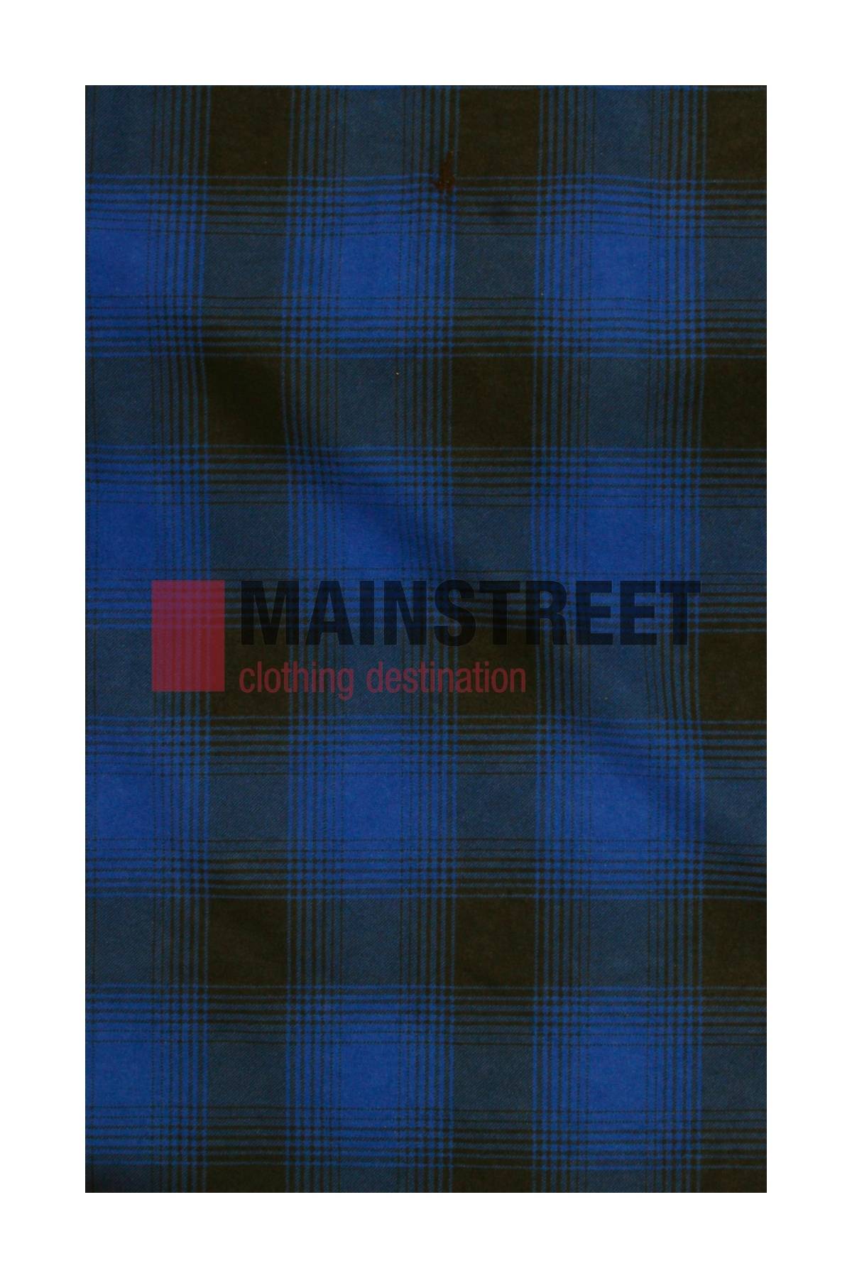 Blue and black plaid fabric background with bold black "MAINSTREET" and red "clothing destination" text. Showcasing the Milton Open Front Flannelette Shirt, crafted from high quality cotton.
