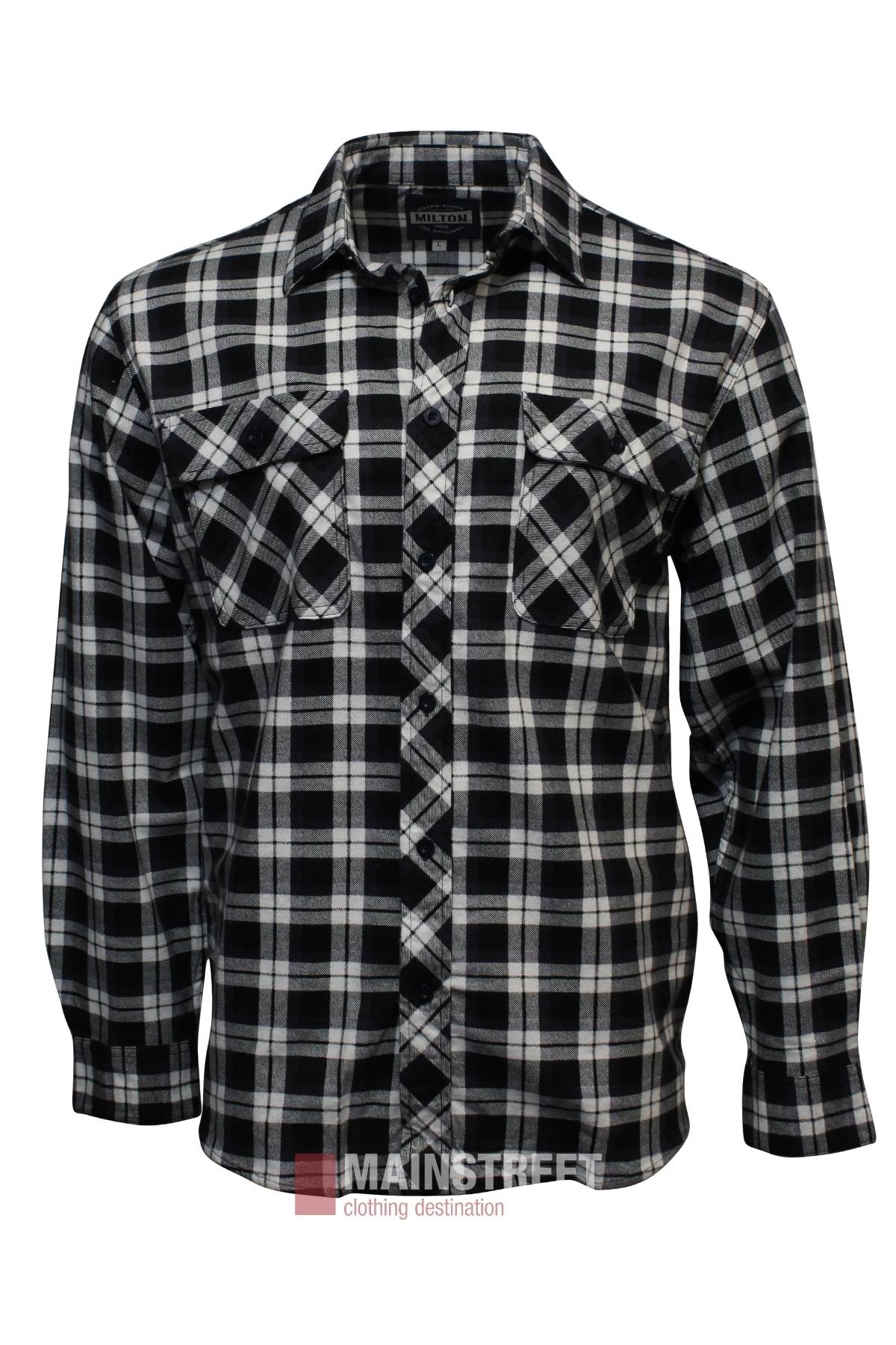 The Milton Open Front Flannelette Shirt features a long-sleeve black, white, and gray plaid design in premium cotton with double chest pockets for timeless style and comfort.