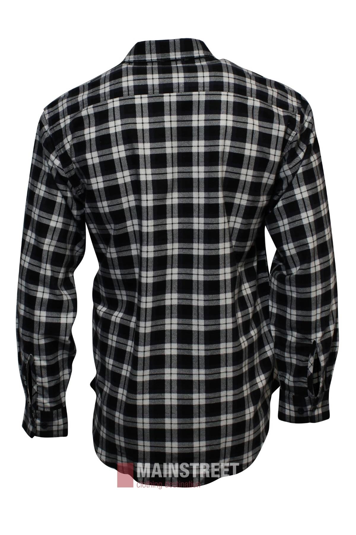 The Milton Open Front Flannelette Shirt features a black, white, and gray plaid pattern, buttoned cuffs, a collar, and is crafted from high-quality cotton for superior comfort. Shown from the back.