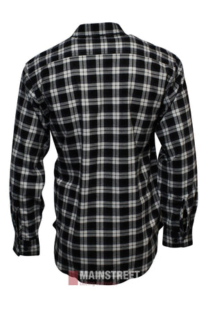 The Milton Open Front Flannelette Shirt features a black, white, and gray plaid pattern, buttoned cuffs, a collar, and is crafted from high-quality cotton for superior comfort. Shown from the back.