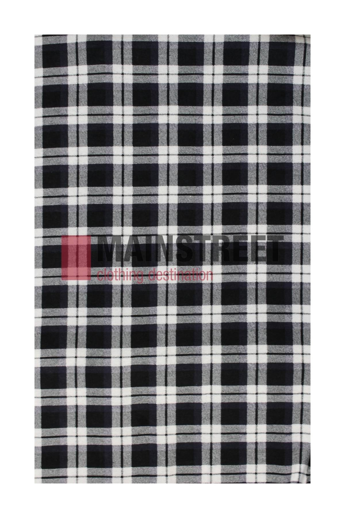 The Milton Open Front Flannelette Shirt features a high-quality cotton fabric in a black, white, and gray plaid check pattern with a white background and evenly spaced vertical and horizontal black stripes.
