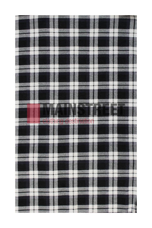 The Milton Open Front Flannelette Shirt features a high-quality cotton fabric in a black, white, and gray plaid check pattern with a white background and evenly spaced vertical and horizontal black stripes.