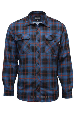 The Milton Open Front Flannelette Shirt is a premium cotton shirt in blue, black, and red plaid with double chest pockets featuring button flaps.