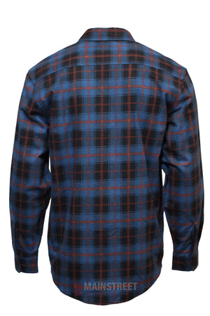 The Milton Open Front Flannelette Shirt is crafted from high-quality cotton with a blue, black, and red plaid pattern. Displayed from the back, it features a collar and buttoned cuffs.