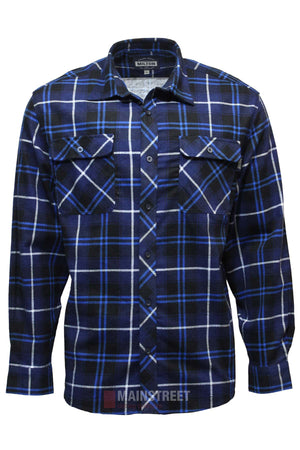 The Milton Open Front Flannelette Shirt is a high-quality, long-sleeve cotton shirt featuring blue, black, and white plaid and double chest pockets with button flaps.