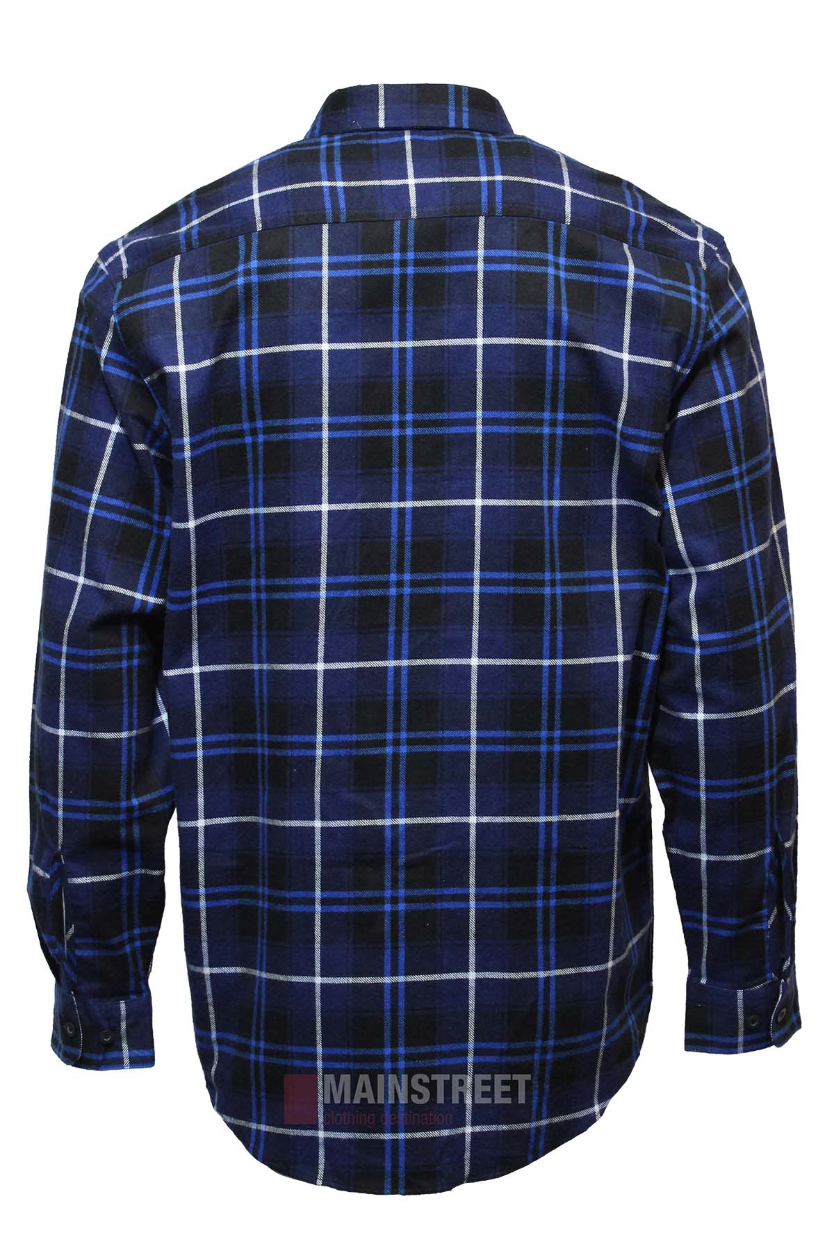 The Milton Open Front Flannelette Shirt is a high-quality cotton, long-sleeve button-up with a blue, black, and white plaid pattern, shown from the back.