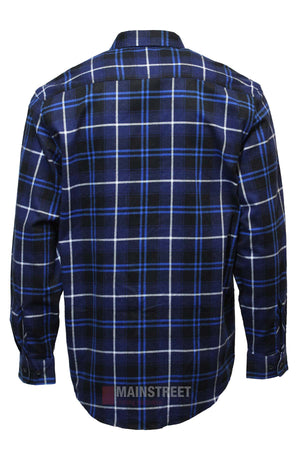 The Milton Open Front Flannelette Shirt is a high-quality cotton, long-sleeve button-up with a blue, black, and white plaid pattern, shown from the back.