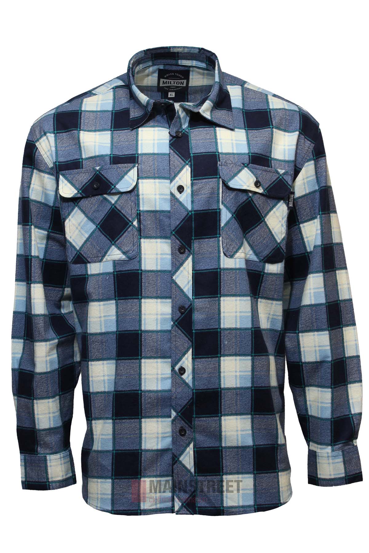The Milton Open Front Flannelette Shirt features long sleeves, a button-up front, double chest pockets, and blue, navy, and white tones. Made from high-quality cotton and displayed on a plain background.