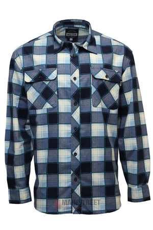 The Milton Open Front Flannelette Shirt features long sleeves, a button-up front, double chest pockets, and blue, navy, and white tones. Made from high-quality cotton and displayed on a plain background.