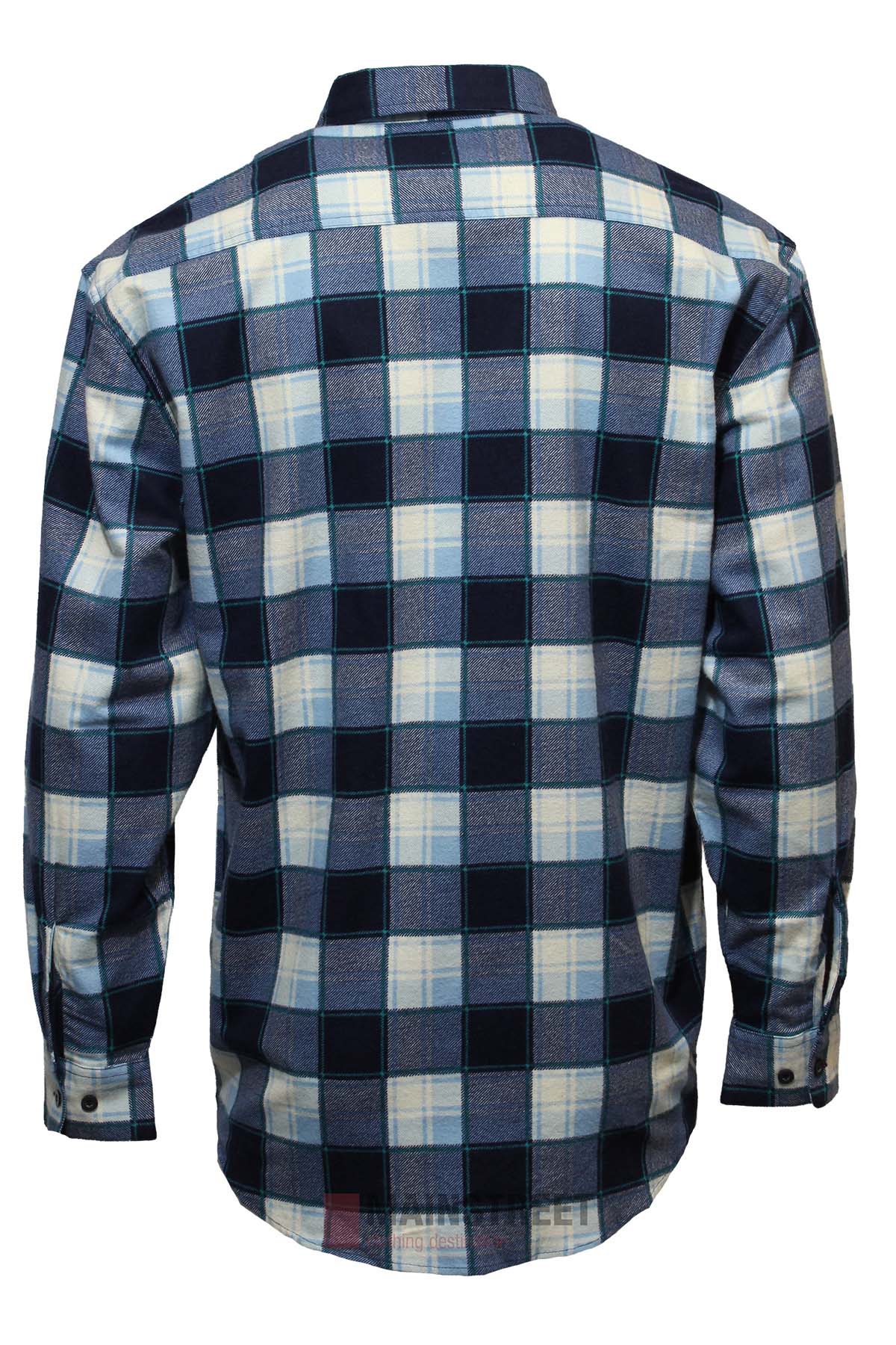 The Milton Open Front Flannelette Shirt is a high-quality cotton, long-sleeved shirt with a blue, white, and black plaid pattern, shown from the back with a collar and buttoned cuffs.