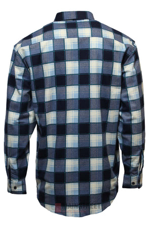 The Milton Open Front Flannelette Shirt is a high-quality cotton, long-sleeved shirt with a blue, white, and black plaid pattern, shown from the back with a collar and buttoned cuffs.