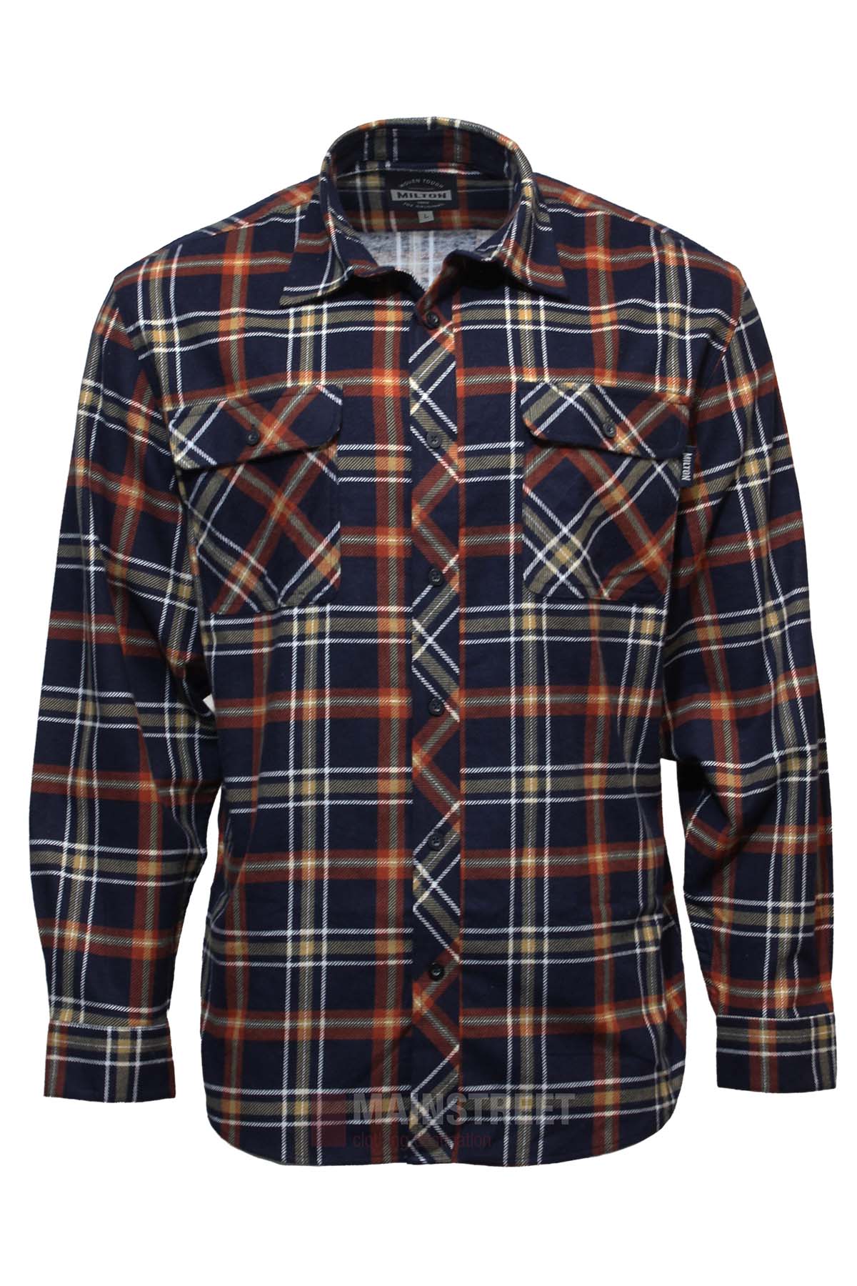 The Milton Open Front Flannelette Shirt is made of high-quality cotton with a navy blue, red, and white plaid pattern, double pockets with buttoned flaps, and an open front. Displayed on a plain white background.