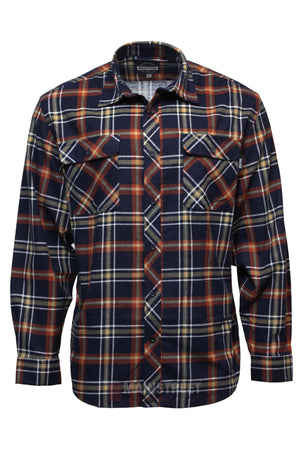 The Milton Open Front Flannelette Shirt is made of high-quality cotton with a navy blue, red, and white plaid pattern, double pockets with buttoned flaps, and an open front. Displayed on a plain white background.