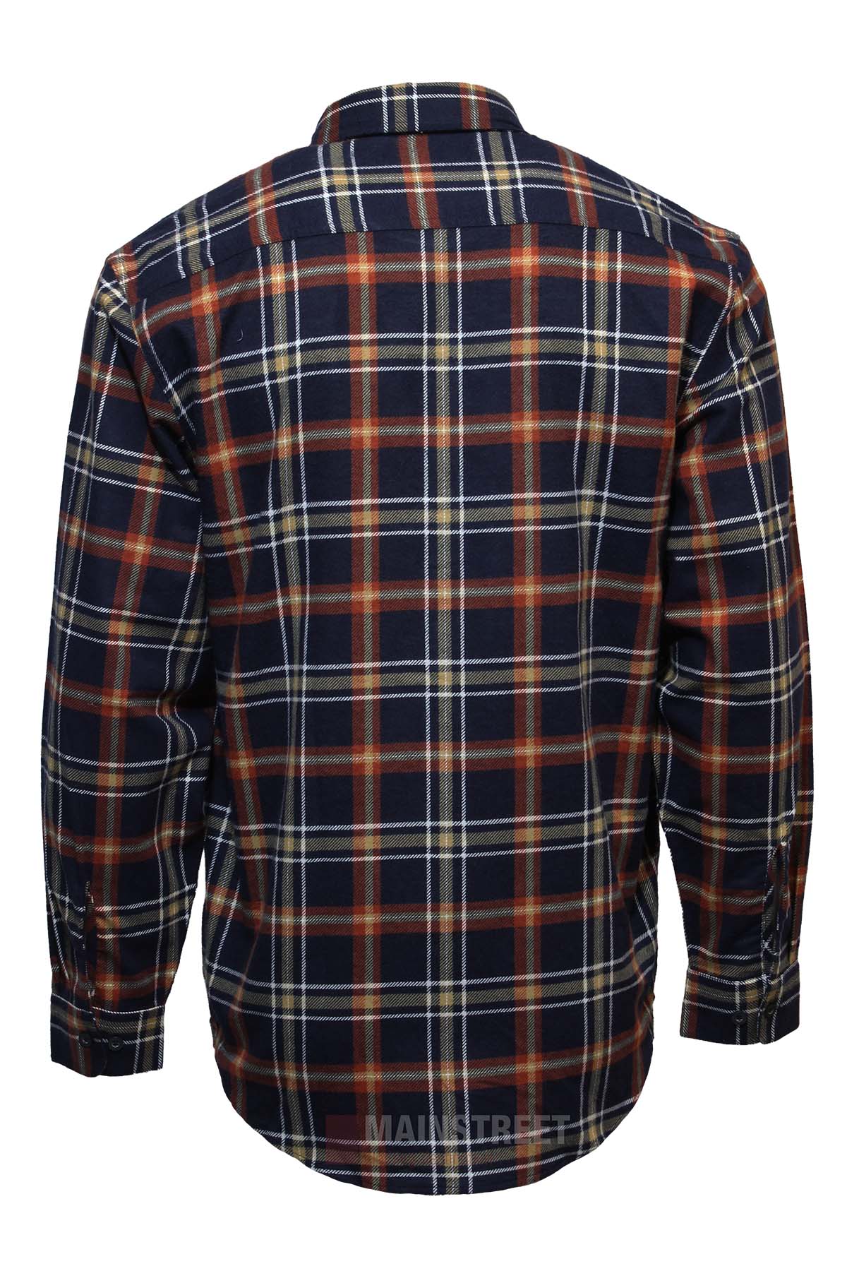 The Milton Open Front Flannelette Shirt is a high-quality cotton, long-sleeved shirt with a navy blue, white, yellow, and red plaid pattern, button-up style, shown from the back.