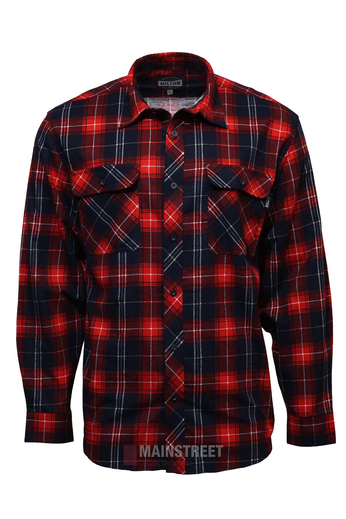 The Milton Open Front Flannelette Shirt is made from high-quality cotton with a red, black, and white plaid pattern, open front design, long sleeves, and double chest pockets.
