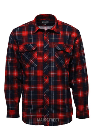 The Milton Open Front Flannelette Shirt is made from high-quality cotton with a red, black, and white plaid pattern, open front design, long sleeves, and double chest pockets.