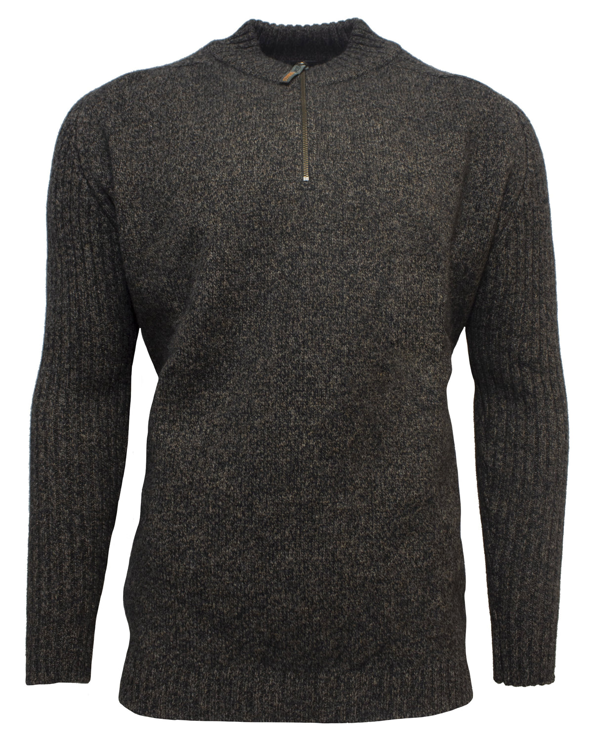 The MKM Mount Possum Wool 1/2 Zip Knit is a gray sweater with long sleeves and a half-zip collar, expertly crafted from superfine Merino wool. Displayed on a white background, it features a textured, ribbed pattern. Made in New Zealand, this piece combines style and exceptional warmth.