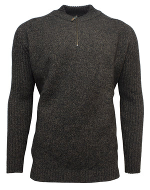 The MKM Mount Possum Wool 1/2 Zip Knit is a gray sweater with long sleeves and a half-zip collar, expertly crafted from superfine Merino wool. Displayed on a white background, it features a textured, ribbed pattern. Made in New Zealand, this piece combines style and exceptional warmth.