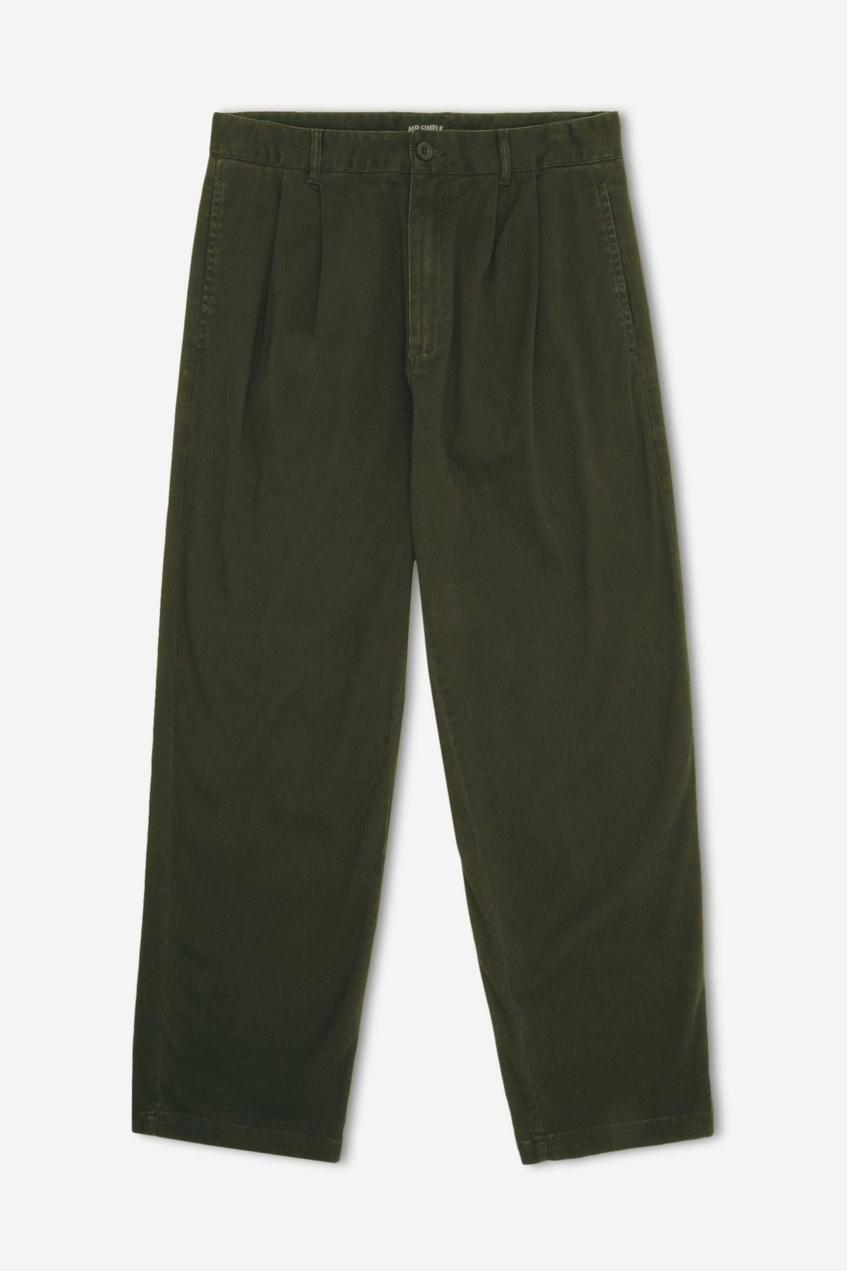The Mr Simple Brooklyn Pleated Pant is a pair of relaxed fit, dark green wide-leg pants with pleats, button and zip closure, and side pockets, shown laid flat on a white background.