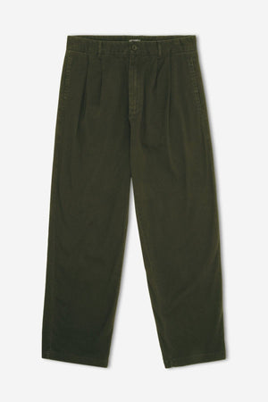 The Mr Simple Brooklyn Pleated Pant is a pair of relaxed fit, dark green wide-leg pants with pleats, button and zip closure, and side pockets, shown laid flat on a white background.