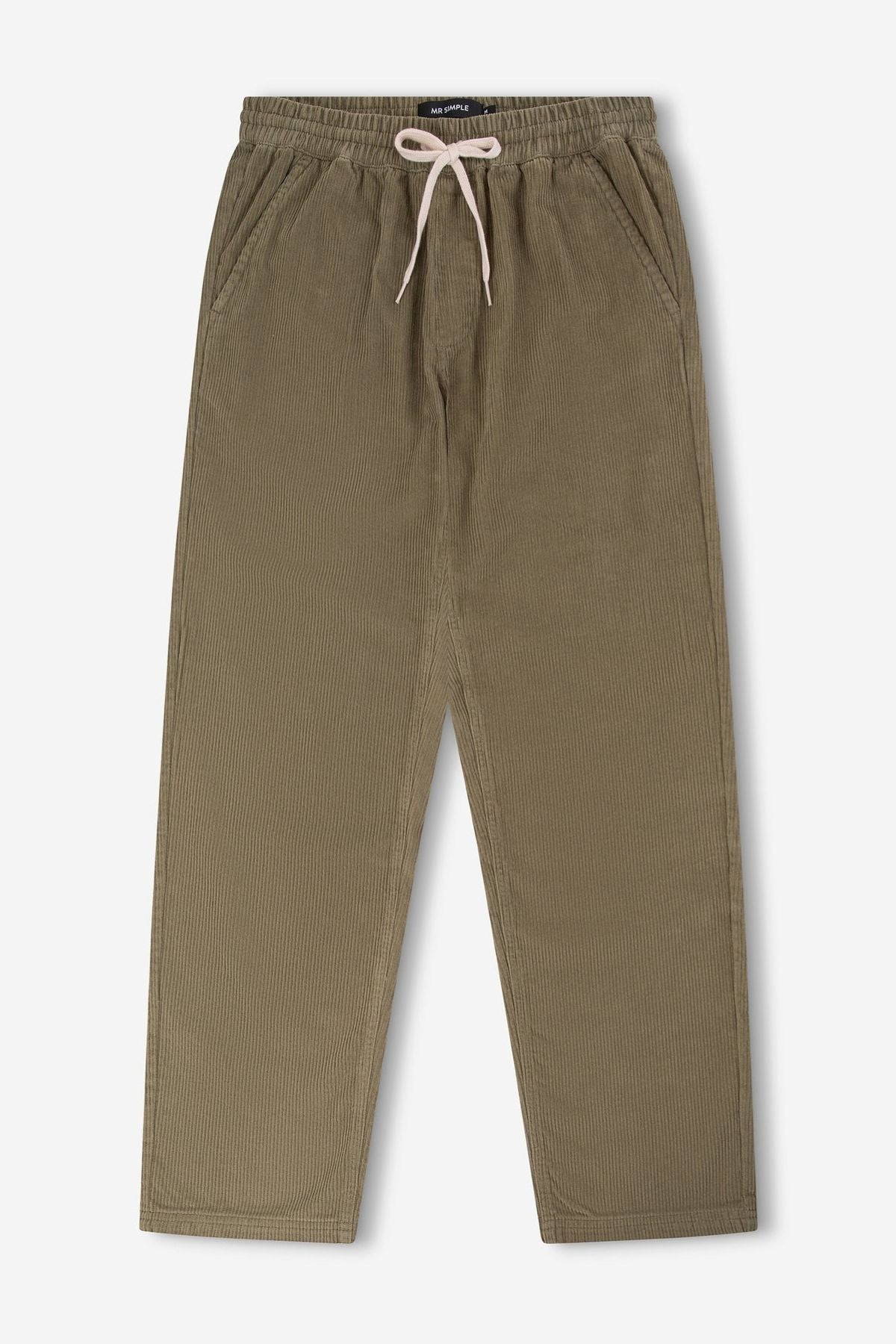 The Mr Simple Burbank Elastic Cord Pant in olive green, made from 100% cotton with a relaxed fit, elastic waistband, white drawstring, side pockets, and straight-leg style is laid flat on a white background.