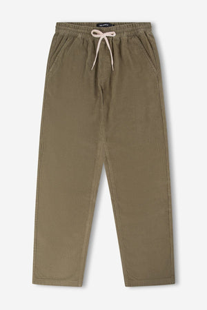 The Mr Simple Burbank Elastic Cord Pant in olive green, made from 100% cotton with a relaxed fit, elastic waistband, white drawstring, side pockets, and straight-leg style is laid flat on a white background.
