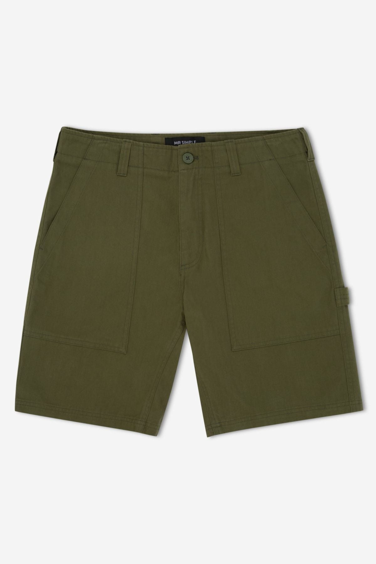 The Mr Simple Carpenter Walk Short in olive green features a button and zipper closure, belt loops, two large front patch pockets, and a small side pocket for tools. These relaxed fit shorts are crafted from durable herringbone cotton fabric, making them suitable for various activities.