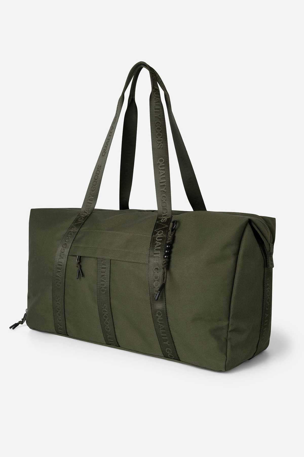 The Mr Simple Nelson Duffle is stylish and practical, featuring an olive-green finish with matching handles, a front zippered pocket, long strap handles with "Quality Goods," and a secure main compartment closure.